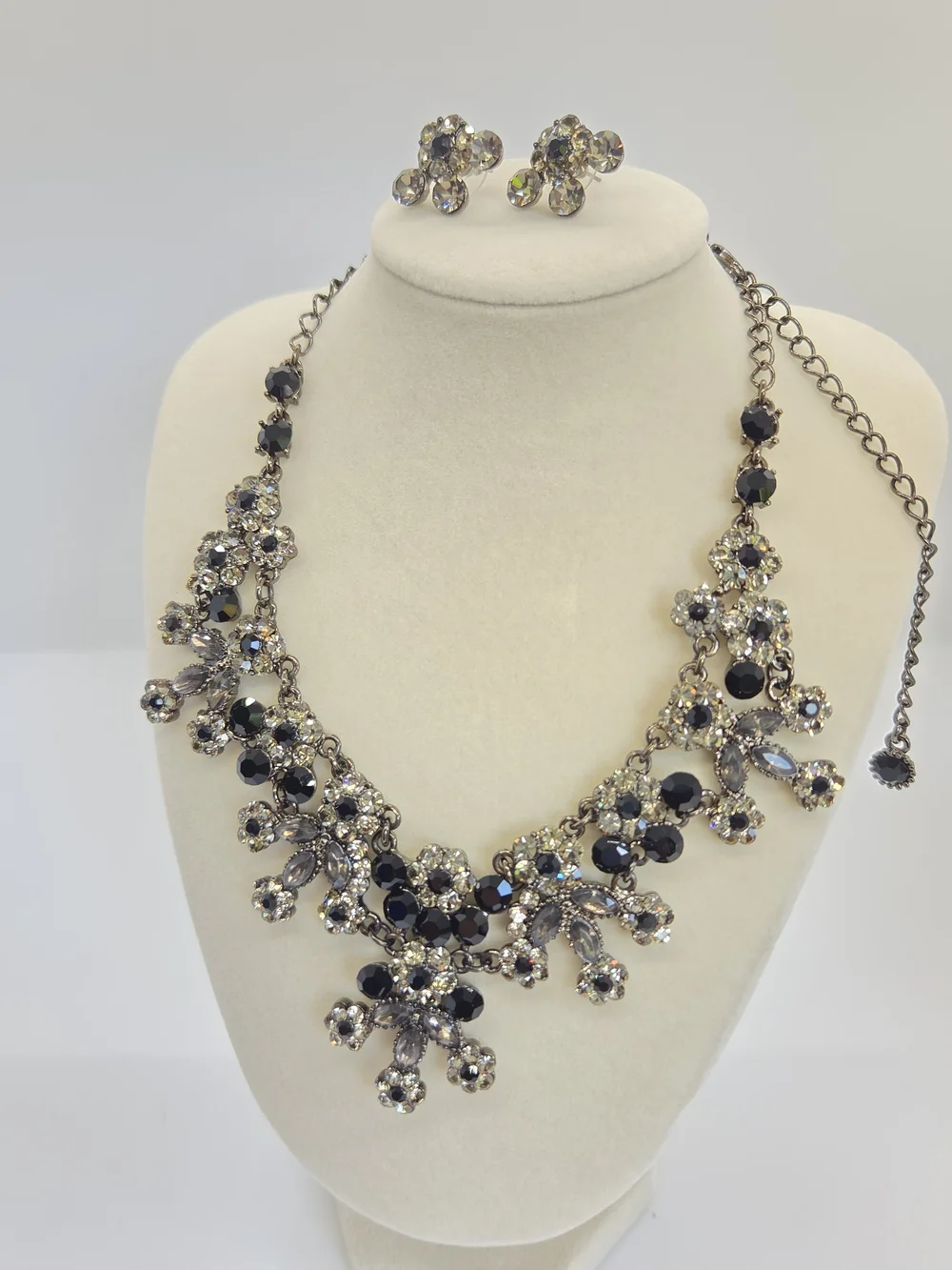 Elegant Black and Crystal Statement Necklace and Earrings Set, Vintage